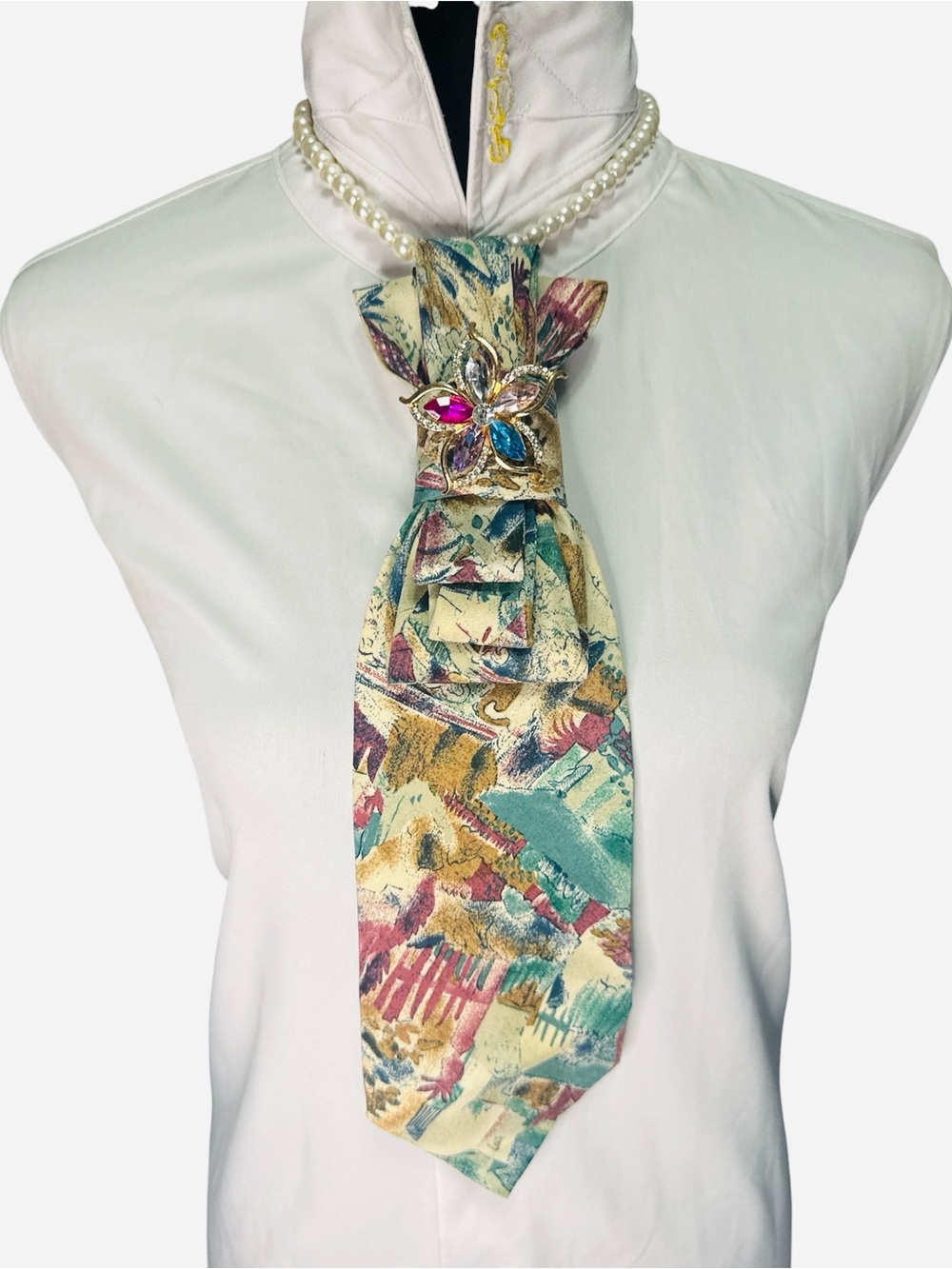 Vintage Abstract Pattern NeckTie with Flower Jewel Accent - Cream, Teal, Pink